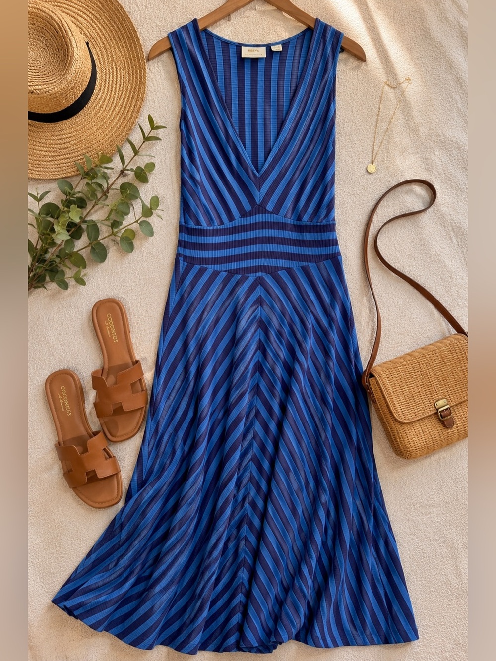 Maeve by Anthropologie Blue Stripe Maxi Dress Size L V-Neck Sleeveless Stretch
